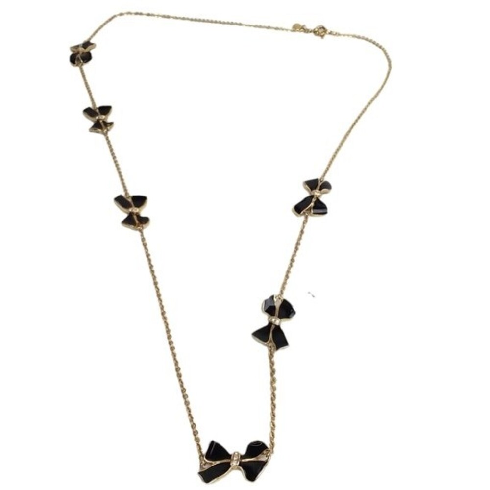 J Crew Enamel Rhinestone Bow Long Necklace Gold